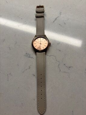 Rose Gold Dial Leather Strap Watch - Light Taupe Strap. Needs new battery.